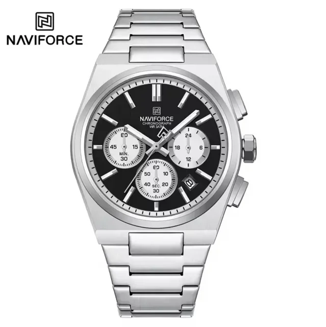 ساعت مچی مردانه Naviforce مدل NF8048 | بند استیل نقره ای، صفحه مشکی، سه موتور فعال