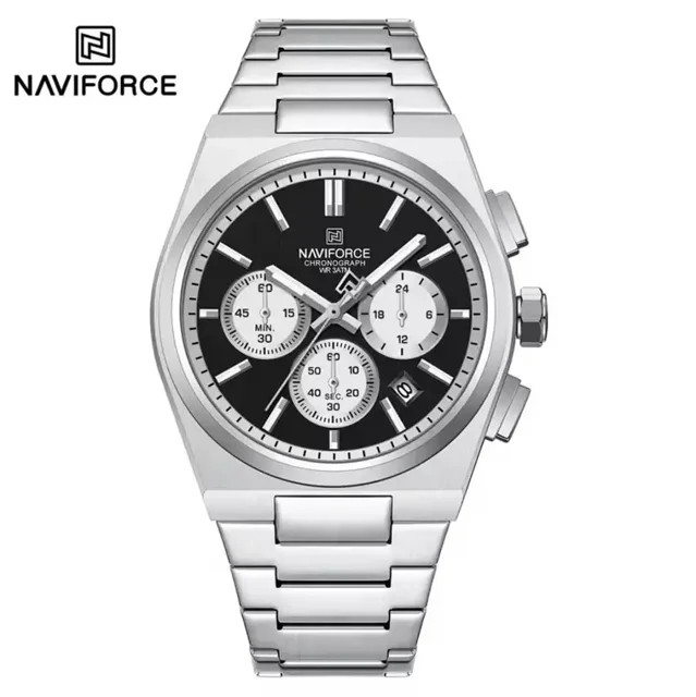 ساعت مچی مردانه Naviforce مدل NF8048 | بند استیل نقره ای، صفحه مشکی، سه موتور فعال