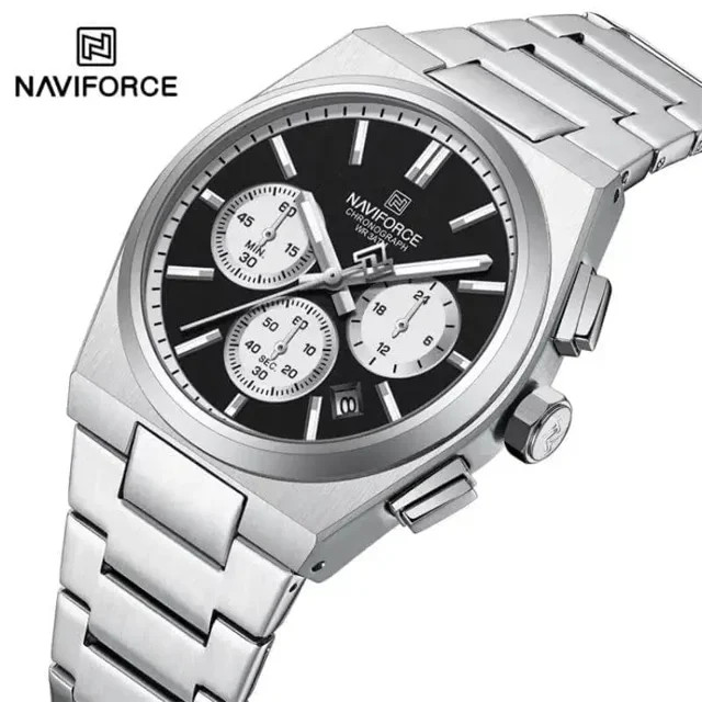 ساعت مچی مردانه Naviforce مدل NF8048 | بند استیل نقره ای، صفحه مشکی، سه موتور فعال